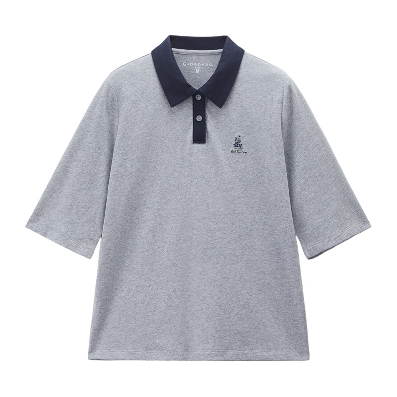 佐丹奴Polo衫女纯棉刺绣中袖套头衫休闲通勤撞色翻领上衣13316651