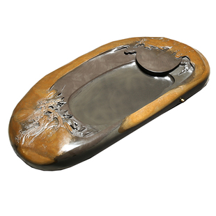 孤品一物一拍茶台 非遗自然原石皮整块歙砚茶盘 纯手工雕刻金皮彩带籽料湿泡石盘茶海端砚石头茶具收藏送礼