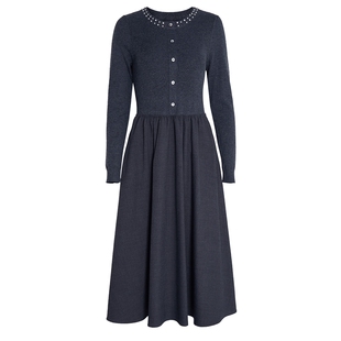 马天奴2026春夏新款灰色圆领长袖针织拼接连衣裙子收腰气质时尚女