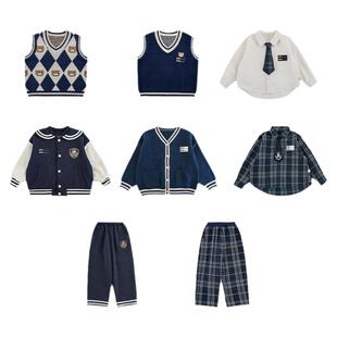 幼悠男童2026新款长袖翻领衬衫无袖马甲直筒长裤小熊学院风套装潮