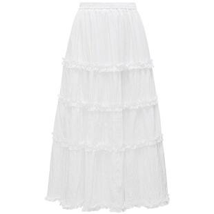 朵以2025春季新款少女感减龄木耳边小白裙半身裙A字白色中长裙子