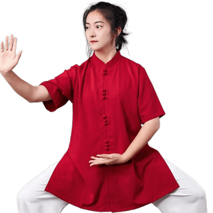 武士龙太极服短袖夏季女中式唐装薄款小扣三色麻武术表演服套装