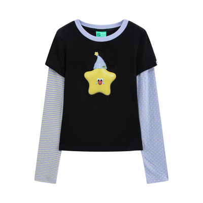 riverstone plus 假两件星星印花圆领长袖T恤女波点条纹打底衫