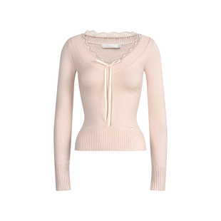 邓恩熙同款 Kroche 浪漫蕾丝 柔雾蜜桃蝴蝶结系带V领针织衫上衣