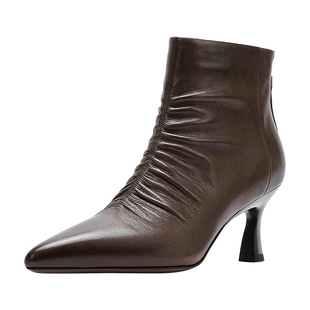 哈森法式小羊皮女靴秋冬新款尖头细跟抽褶时装短靴HWA240120