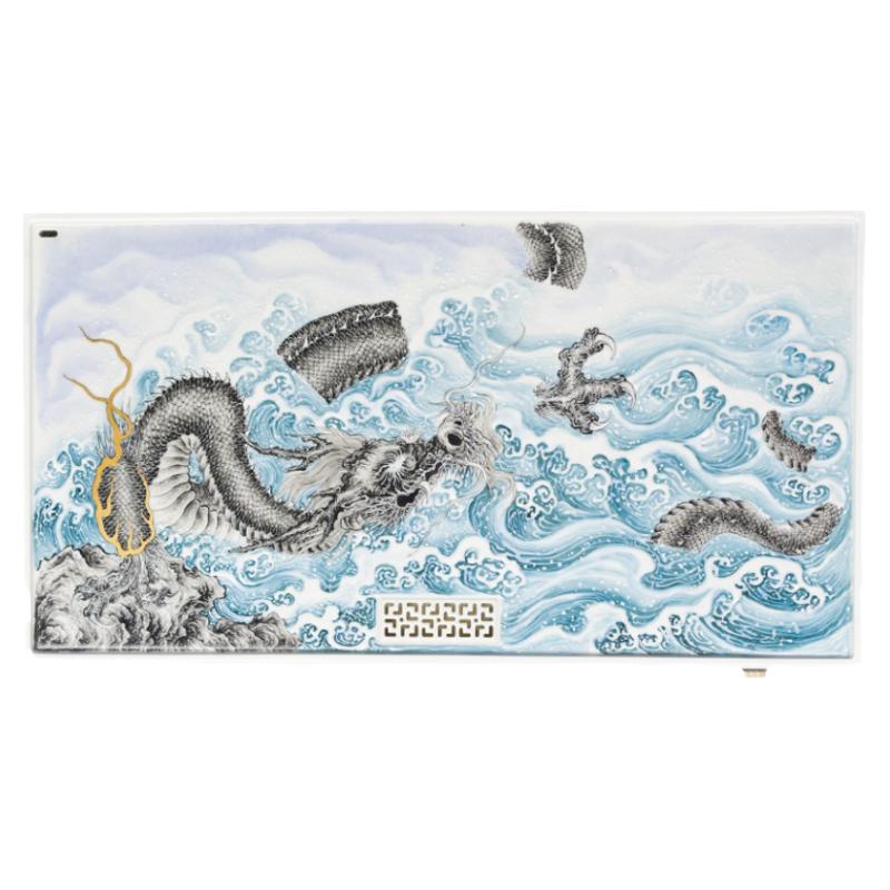 仿古粉彩碧海龙腾干湿两用茶盘