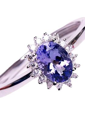 包邮天然坦桑石戒指镶嵌白金色