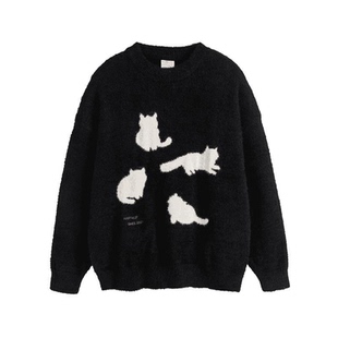 RASP猫咪数码印毛线衣男女情侣秋冬潮美式复古宽松软糯针织衫上衣