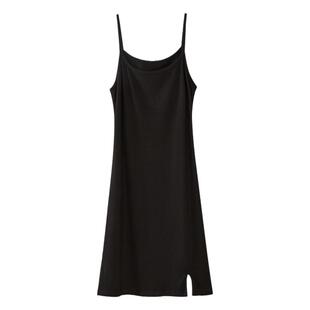 夏季新款韩版纯白修身圆领吊带连衣裙中长款纯色简约坑条开叉裙子