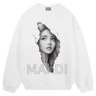 正品Mardi加绒宽松圆领纯棉慵懒风人物素描卫衣女装韩系休闲上衣