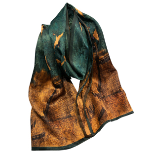 【瑞鹤图】双层双面双色香云纱盘扣披肩围巾中国风高档送礼丝巾女