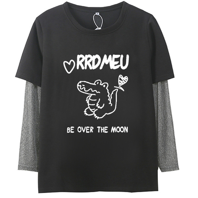 微胖mm宽松百搭卡通假两件T恤衫