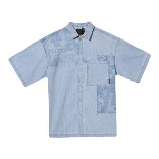 新款ABLEJEANS男士牛仔衬衫短袖宽松印花高街纯棉夏季青年休闲装