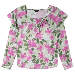 白鹿语浪漫田园风荷叶边印花衬衫26春新款甜美花朵方领长袖上衣