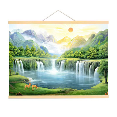 流水生财山水风景画招财聚宝盆