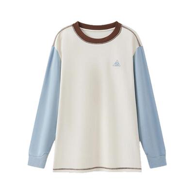 云上生活【云朵弹弹T】撞色复古宽松显瘦长袖女T恤春季落肩袖上衣