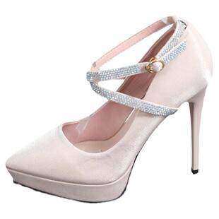 12cm防水台超高跟水钻绸缎细跟婚鞋礼服伴娘鞋小个子313233小码女