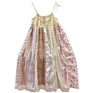 拼布吊带裙/高档棉麻/百家布拼接2025夏季无袖连衣裙长款宽松森系