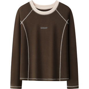 撞色打底上衣女士秋冬季新款洋气个性设计感内搭圆领长袖T恤修身