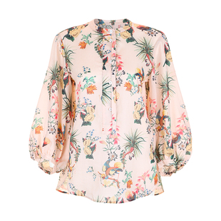 Bettychow 温柔虾粉色！亚麻花朵衬衫热带雨林印花时髦上衣