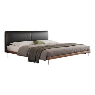 复古风软包头层牛皮真皮床主卧现代简约意式极简黑色豆腐块双人床