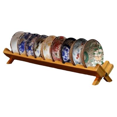 花瓷斗笠杯9个茶杯送沥水竹杯架