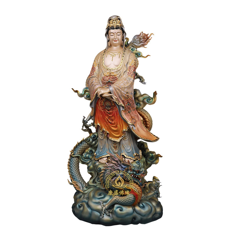 铜彩绘乘龙观音菩萨佛像家用摆件