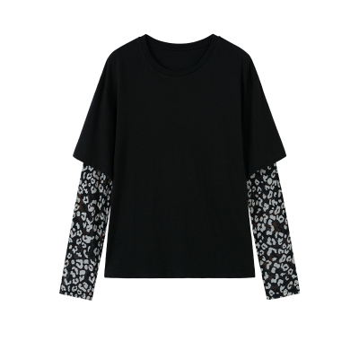 【doudou推荐】AR拼接网纱长袖T恤女夏上衣短袖假两件黑色打底衫