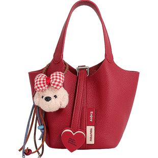 新年新娘结婚礼物TOUTOU头层牛皮菜篮子水桶包通勤大容量红色婚包