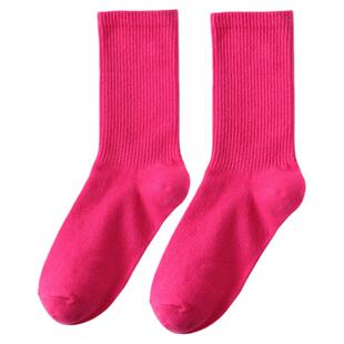 袜子女中筒ins纯棉潮流街头韩国可爱学生玫红纯色袜四季吸汗透气