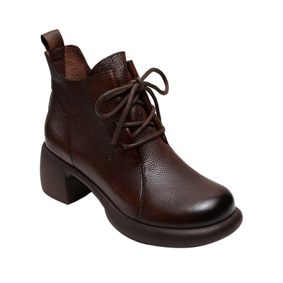 头层软牛皮真皮粗跟马丁靴女舒适