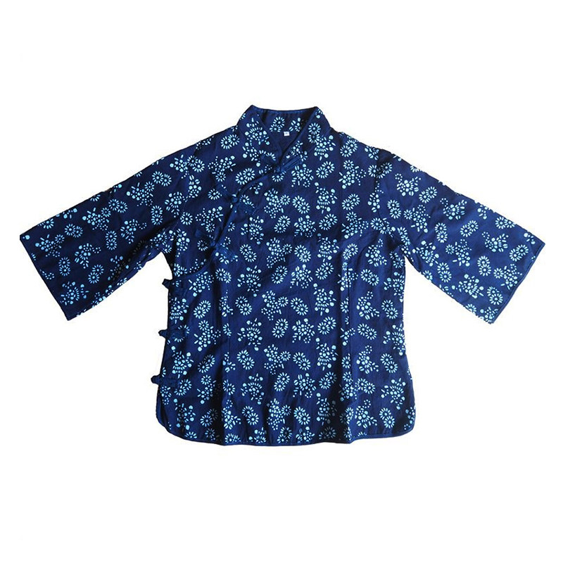 民族风蓝印花布斜襟春秋款纯棉七分喇叭袖套装农家乐服装职业套装