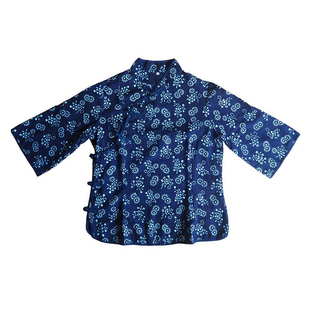民族风蓝印花布斜襟春秋款纯棉七分喇叭袖套装农家乐服装职业套装