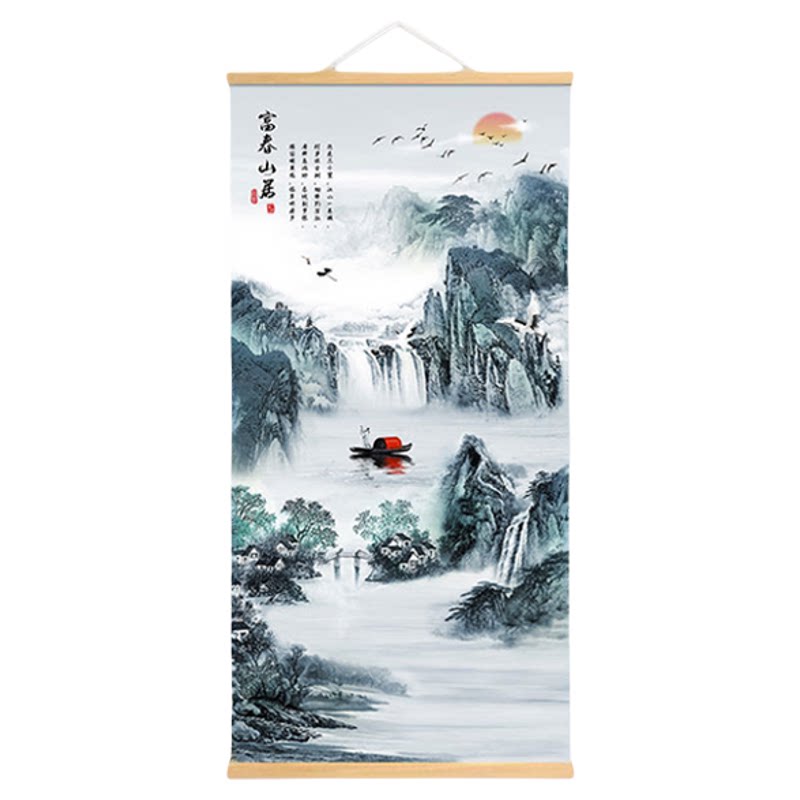 新中式山水风景装饰画流水生财迎客松招财风水客厅玄关办公室挂画