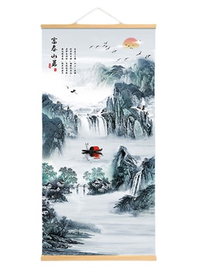 新中式山水风景装饰画流水生财迎客松招财风水客厅玄关办公室挂画