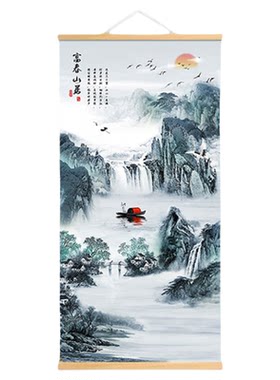 新中式山水风景装饰画流水生财迎客松招财风水客厅玄关办公室挂画