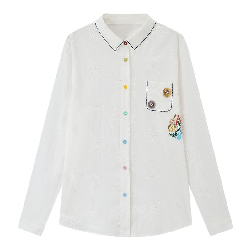 恒源祥纯棉衬衫宽松女装刺绣长袖衣服翻领上衣白色纽扣开衫镂空