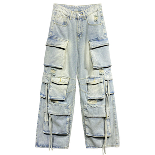 洋气多口袋破洞休闲牛仔裤女春新款高腰宽松显瘦百搭阔腿工装裤子