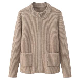 阿绒源纯羊绒双元宝女开衫5针半高领拉链带兜针织衫特厚外套毛衣