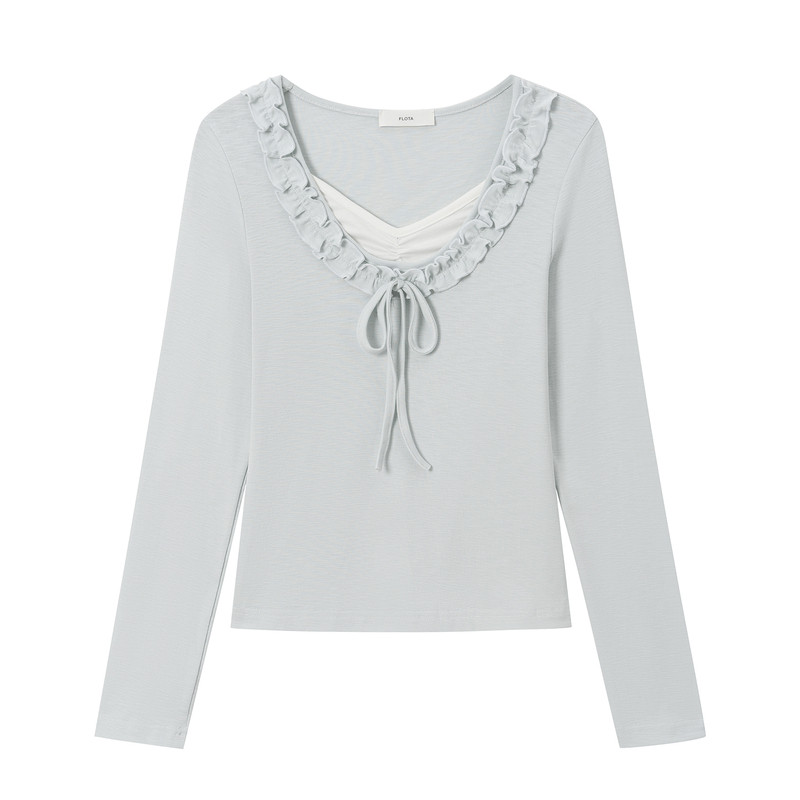 新款木耳边V领绑带T恤女长袖上衣