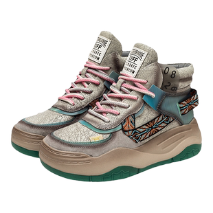 2024冬季头层牛皮休闲女板鞋真皮松糕棉鞋加绒高帮厚底运动老爹鞋