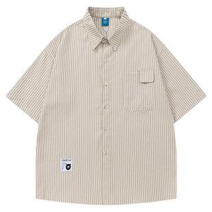 From Mars悠然自在 日系潮牌蓝白条短袖衬衫宽松痞帅休闲衬衣上衣