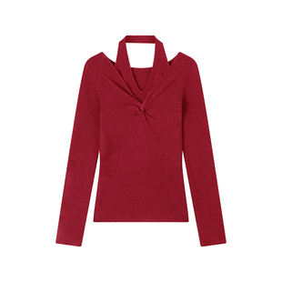 吴童童假两件挂脖收腰长袖内搭针织衫女春季韩系修身显瘦打底上衣