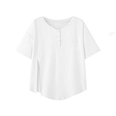 ACMEAURA 圆领开叉短袖T恤夏季中长款不规则宽松体恤上衣