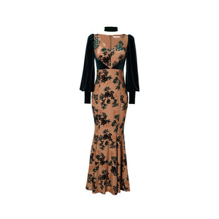 XULU原创丝绒烧花拼接包臀鱼尾裙复古女人味知性V领灯笼袖连衣裙