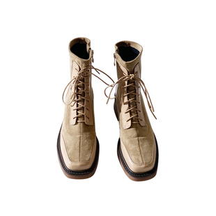 莲花府邸25冬季新品短靴欧美时尚拼接女靴粗跟方头前系带马丁靴女