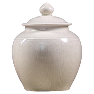 三义成定瓷白釉仿古全手中式划花莲纹菩提叶文盖罐陶瓷茶叶罐摆件