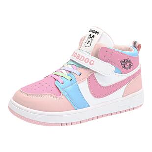 巴布豆aj童鞋女童板鞋春秋季皮面防水儿童高帮运动鞋女孩休闲鞋子