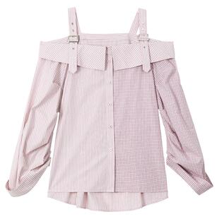 KEIKO 樱花粉一字领露肩长袖衬衫女26春季新款露锁骨条纹吊带上衣