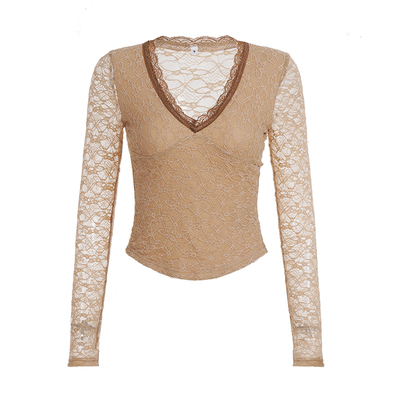 棕色性感蕾丝拼接V领长袖T恤